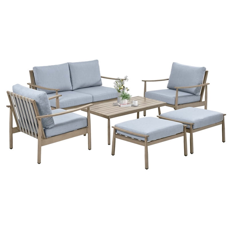 6 Piece Aluminum Patio Furniture Set, Outdoor Armchair with Loveseat, All-Weather Outdoor Sectional Sofa with 2 Ottomans and Coffee Table