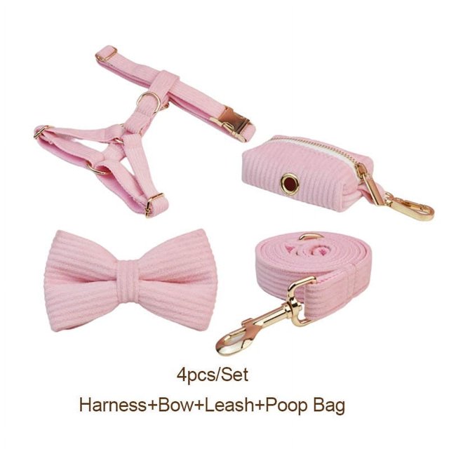 Pink Corduroy Dog Collar And Leash Set With Custom Engraved Nameplate