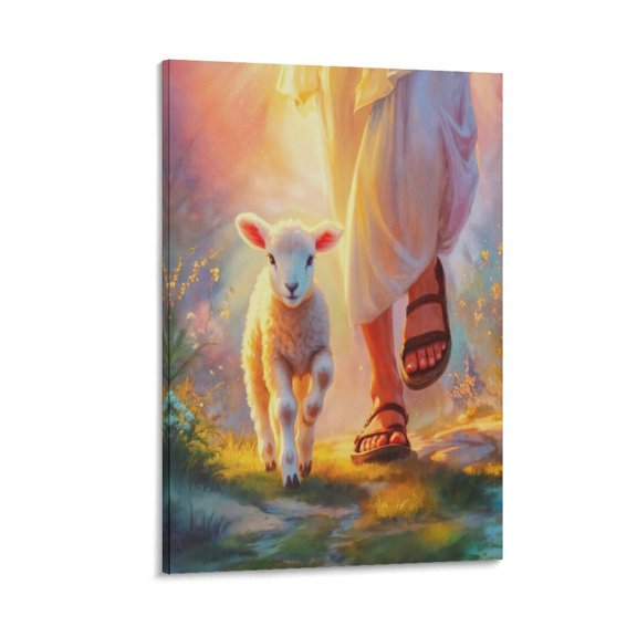 Jesus And The Lamb Wall Art Walking with Jesus Canvas Painting Print Christian Mural Poster Wall Art Picture Painting Poster Canvas Print Posters Artworks Bedroom Living Room Decor 24x36inch(60x90cm)
