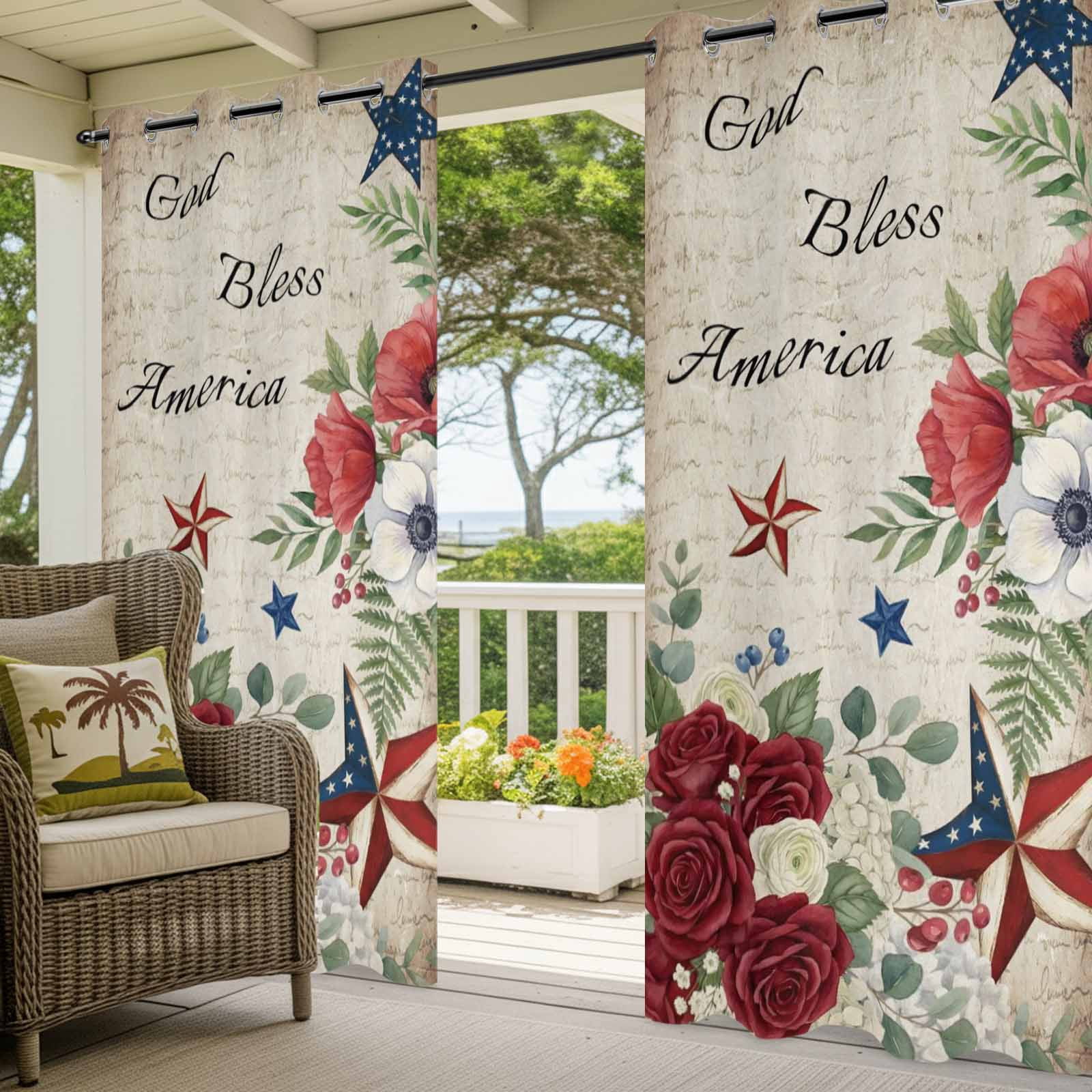 4th of July Outdoor Curtains for Patio, God Bless America Stars Red Flowers Leaf Vintage Sunshade Privacy Drapes Grommet Waterproof Outside Curtains for Porch/Cabana/Balcony 54"x 108", 1 Panel