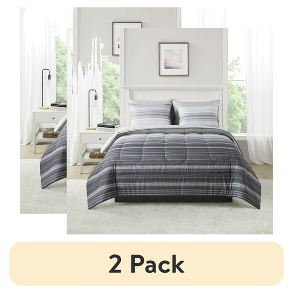 (2 pack) Mainstays 7-Piece Reversible Bed in a Bag Comforter Set with Sheets, Gray Stripe Ombre, King