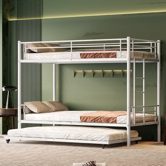 Uiowio Triple Bunk Bed Twin over Twin with Trundle,Triple Twin Bunk Bed with Ladder & Guardrail,Metal Convertible Triple Bunk Bed Frame for Teen & Adult,Bedroom,Dorm,White(Mattress not included)