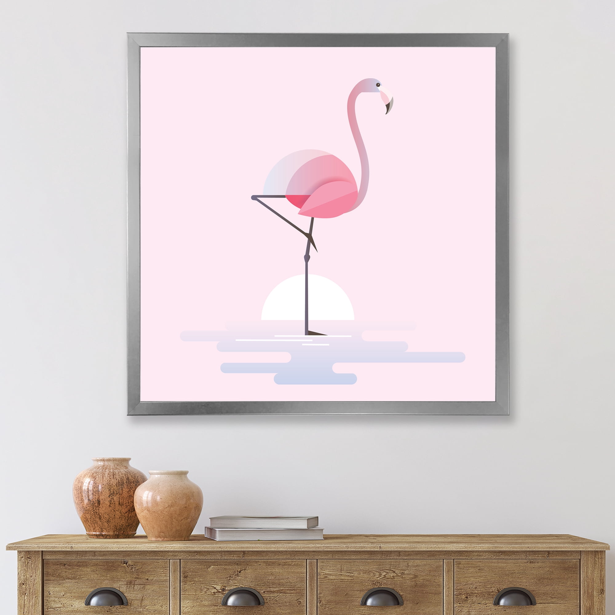 Designart 'Standing On One Toes Pink Flamingo' Farmhouse Framed Art Print