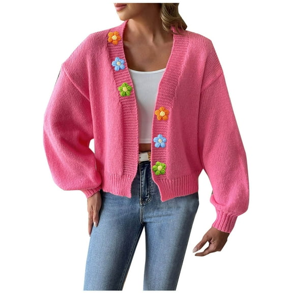 TFEOQRY Women's Winter Loose Cardigan Coat Solid Color Sweater Long Sleeve Cardigan Top Coat Hot Pink