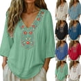 thumbnail image 2 of Embroidered Tops for Women 3/4 Sleeve Boho Cotton Linen Shirts Plus Size Peasant Gauze Blouses Casual Bohemian Shirts (M,Light Green), 2 of 8