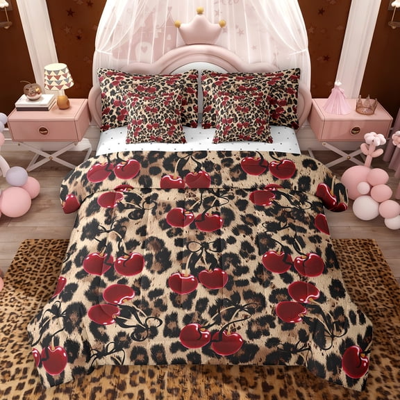 Feelyou Cartoon Cherry Twin Bedding Sets 7pcs, Brown Cheetah Print Bedding Comforter Set