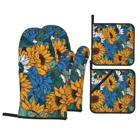 

WARHOOME Oven Mitts and Pot Holders Sets Heat-Resistant Yellow Sunflower Illustration BBQ Glove Oven Mitt Hot Pads Kitchen Cooking Baking Grilling 4Pcs