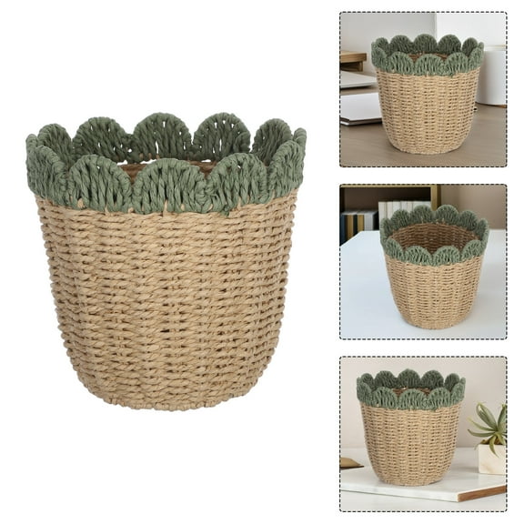 Minkissy Farmhouse Woven Storage Basket with , Green Breathable Organizer Bin for Home, 1 Piece