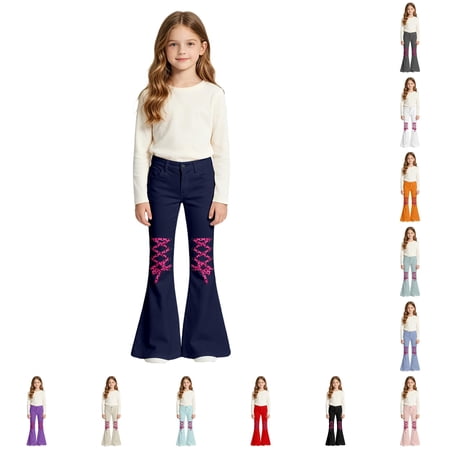 LIIPEE Girls Flared Pants Casual Fashion Graphic Comfort Waist Loose Fit Pants Kids Comfortable Everyday Trousers With Pockets 5-6 Years