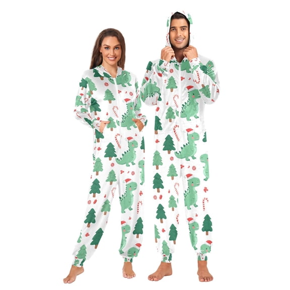 Adult Christmas Onesie Dinosaur Tree Santa Hat Adult Zipper One-Piece Pajamas Unisex Pajamas with Pockets