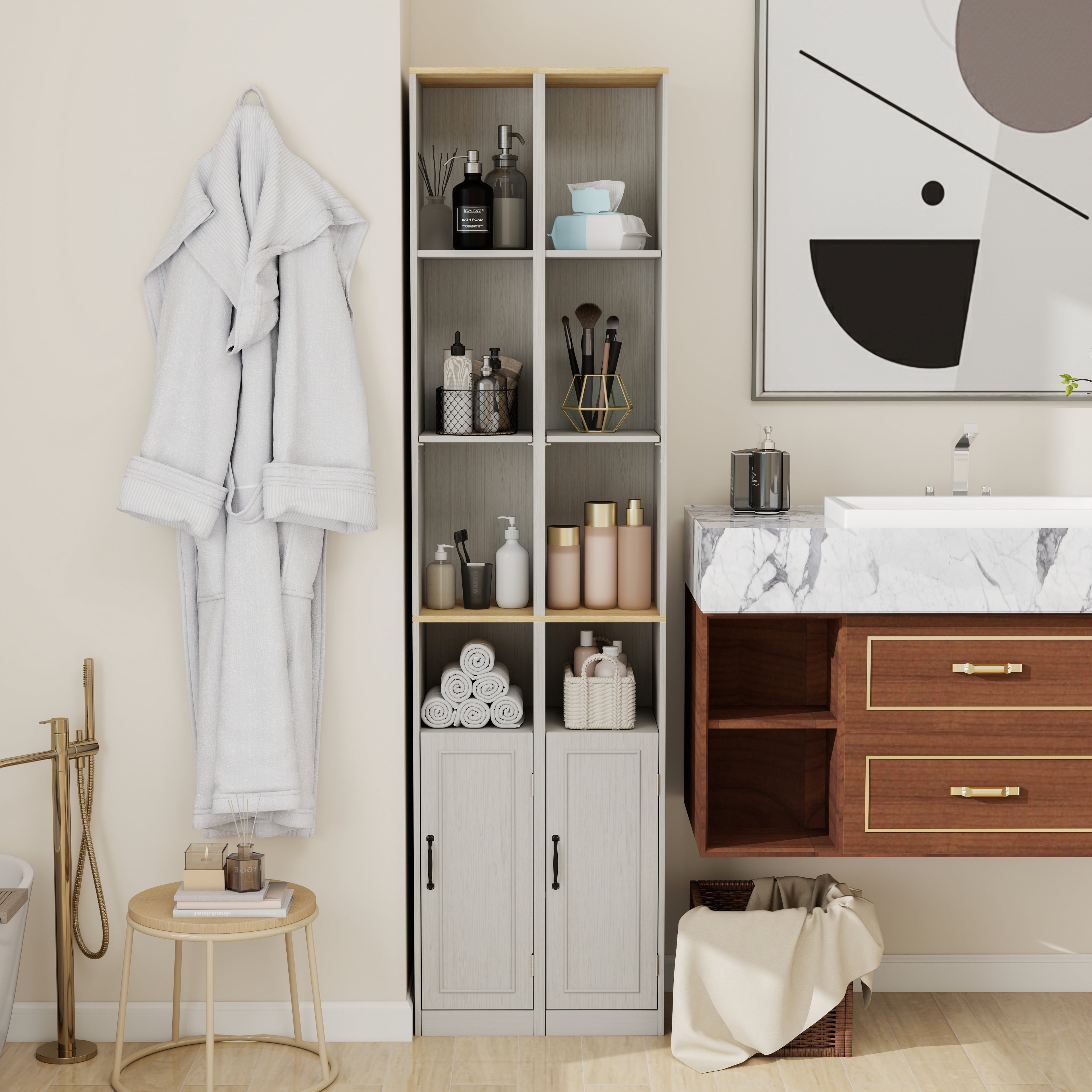 Leumius 72" Tall Bathroom Storage Cabinet,6-Tier Narrow Freestanding Bathroom Cabinet with 1 Door and 2 Adjustable Shelves,Tall Cabinet for Small Space,Living Room,Kitchen,Antique White