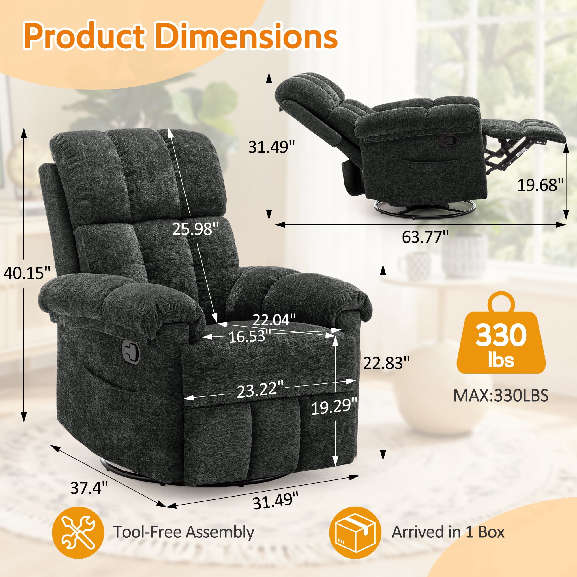 Korser Small Recliners for Small Spaces,Swivel Rocker Recliner Chair with Side Pockets for Living Room,Black