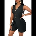 thumbnail image 2 of Conjuntos de Verano de 2 Piezas para Mujer, Sin Mangas, con Cuello en V, Abotonado, Chaleco y Pantalones Cortos con Bolsillos. Negro L, 2 of 10