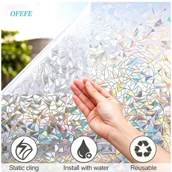 Window Privacy Film Rainbow Film Decorative Window Sticker, 3D Static Stained Glass Cling Tint for Home Heat Control Non-Adhesive, 17.7 x 118.2 inches
