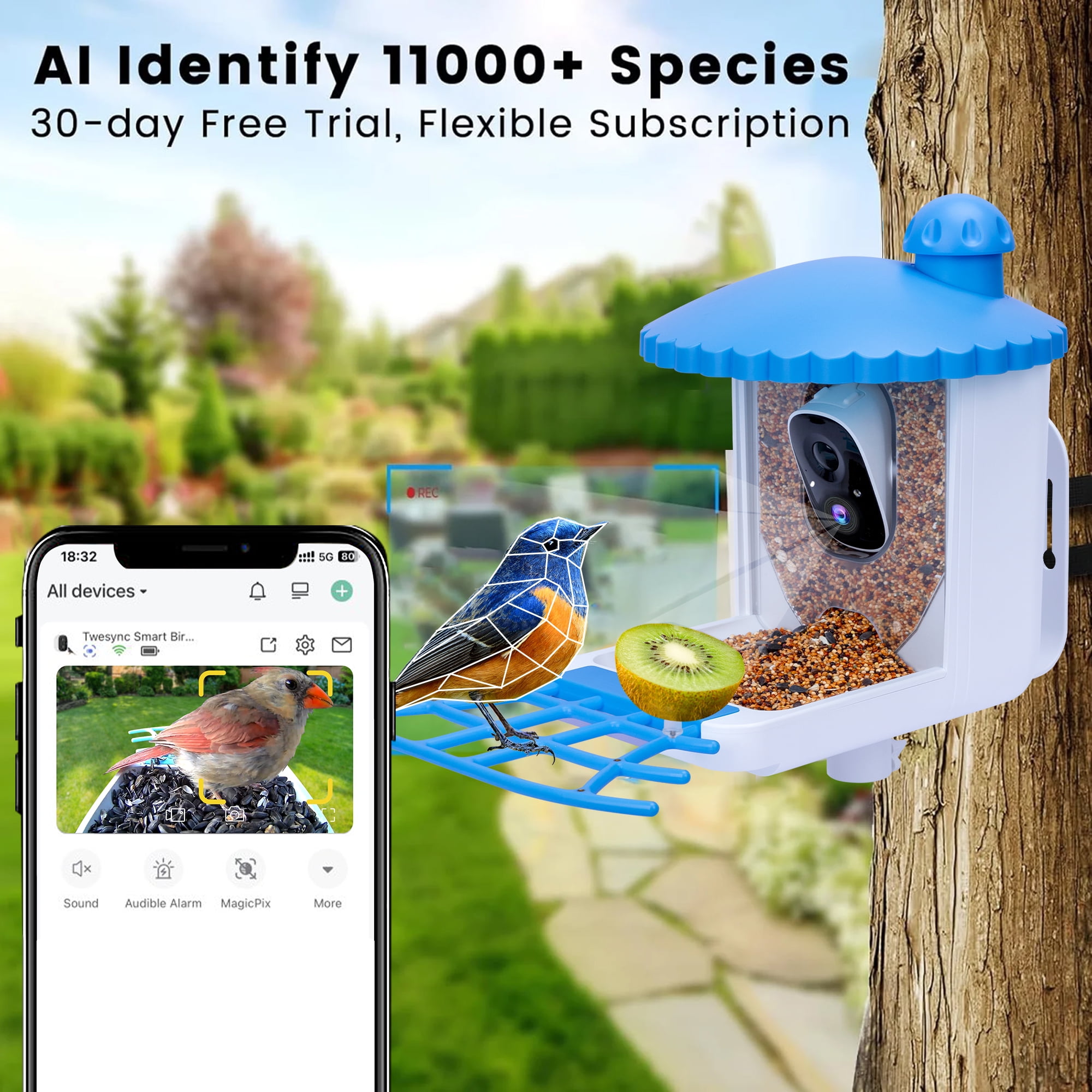 TPUFO Smart Bird Feeder with Camera, 2K HD Bird Watching Camera, Auto Capture Bird Videos & Motion Detection, AI Identify 11000+ Species, Ideal Gift for Bird Lover