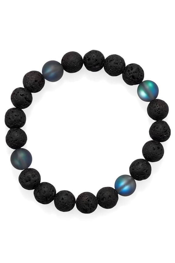Mens Stretch Bracelet with Black Lava and Imitation Labradorite Glass Beads