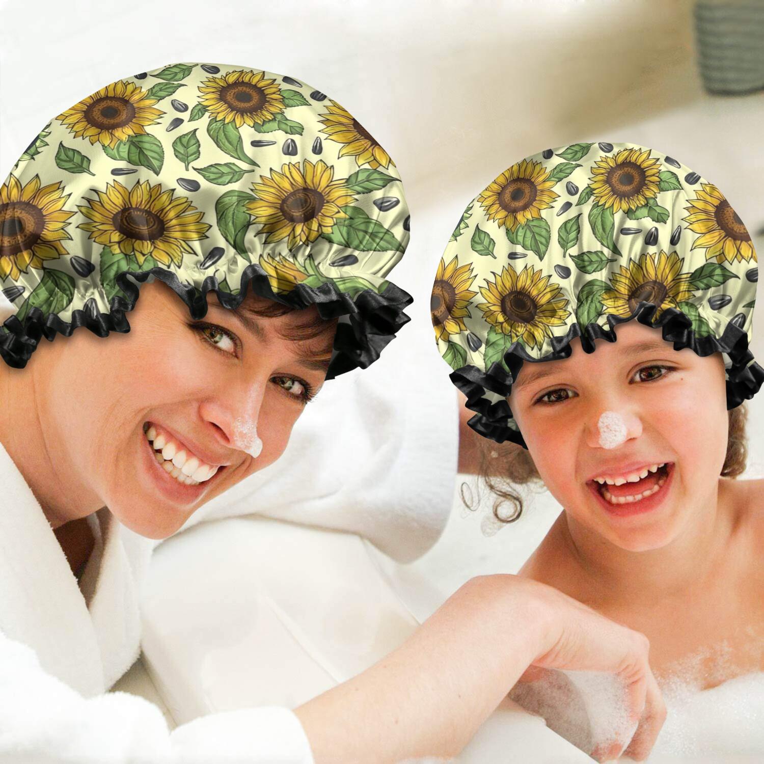 Shower Caps,Yellow Sunflower Seed Leaf Pattern Waterproof Shower Cap for Women 4 Pieces,Double Reusable Hair Cover for Shower PEVA Elastic Stretch Hem