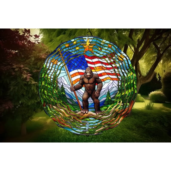 Bigfoot with Flag Metal Wind Spinner Patriotic Sasquatch Garden Decoration