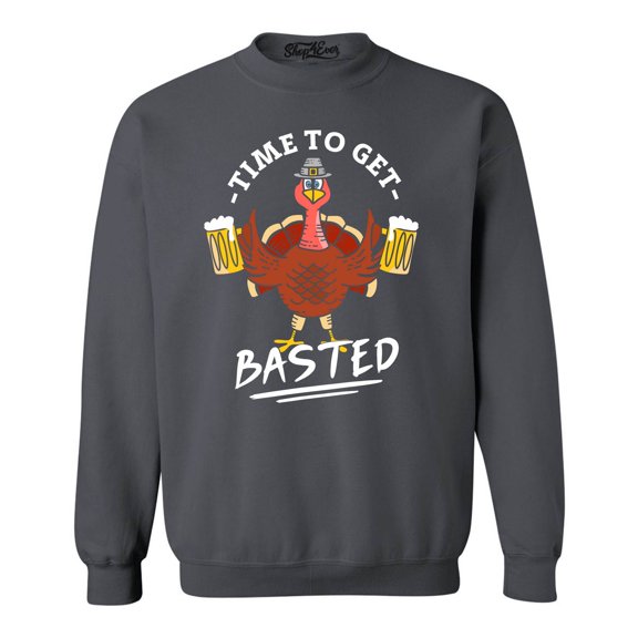 Shop4Ever Men's Time to Get Basted Thanksgiving Turkey Crewneck Sweatshirt Large Charcoal