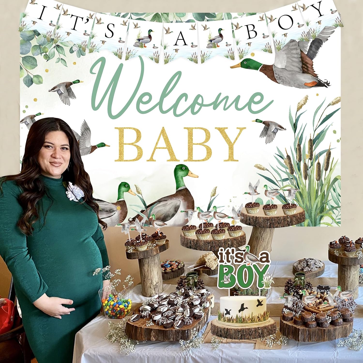 JOYMEMO 8-teiliges Entenjagd-Babyshower-Dekoset – Waben-Dekoration In Grün/Braun, 'It's A Boy'