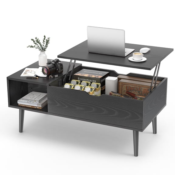 CONCETTA Coffee Table, Lift Top Small Coffee Table with Adjustable Shelf and Storage Compartment for Apartment, Reception Room, Living Room, Black Wood