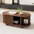 thumbnail image 1 of 39.3" Oval Coffee Table with Sliding Doors & Storage, Industrial Fluted Sofa Table, Rounded Corners & Spherical Legs with Sturdy 110 lbs Capacity, Modern Center Table for Living Rooms, Walnut, 1 of 6
