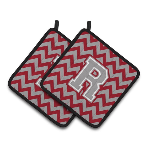 Letter R Chevron Crimson and Grey Pair of Pot Holders