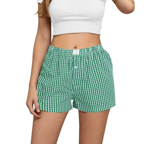 Up to 65% Off! Fmbrln Womens Summer Casual Shorts Fashion Elastic Waist Vintage Plaid Print Comfy Lightweight Home Shorts Loose Vacation Beach Shorts