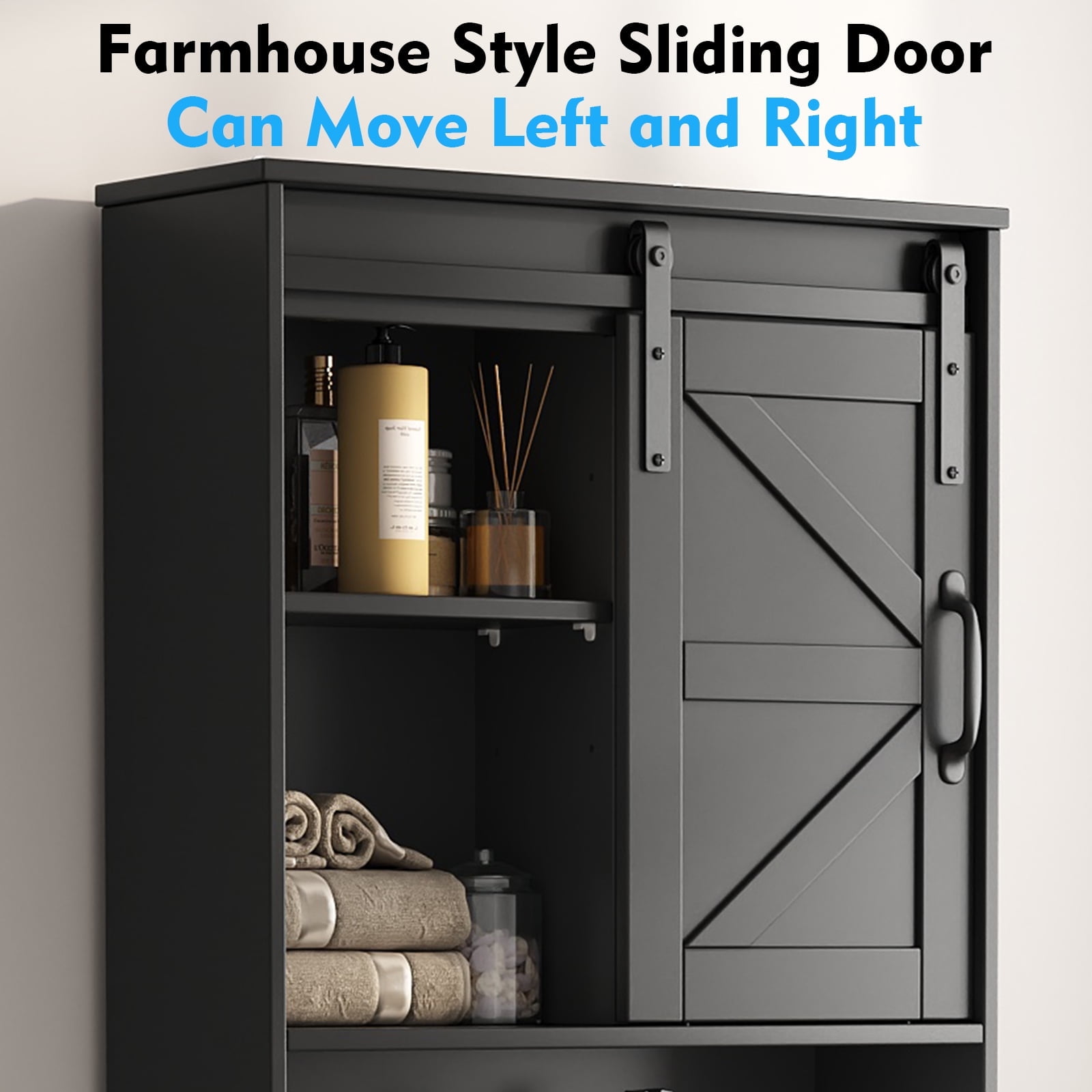 Over the Toilet Storage Cabinet, Bathroom Space Saver Organizer with Sliding Barn Door, Anti-Tipping Design, Waterproof, Adjustable Shelves for Laundry Room Organization