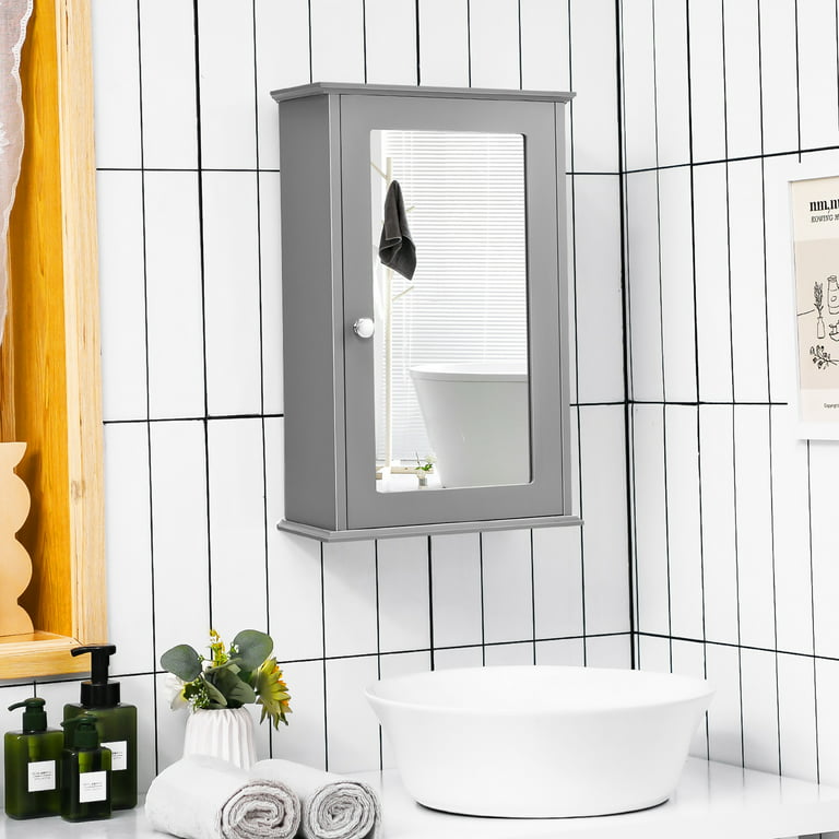 Costway Bathroom Wall Cabinet Single Mirror Door Cupboard Storage Medicine  Cabinet Wood Shelf Grey