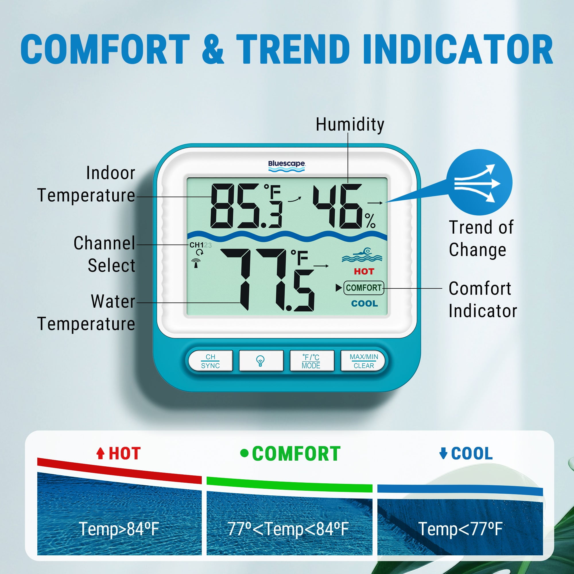 Bluescape Wireless Digital Pool Thermometer with IPX8 Waterproof Design and 500FT Range