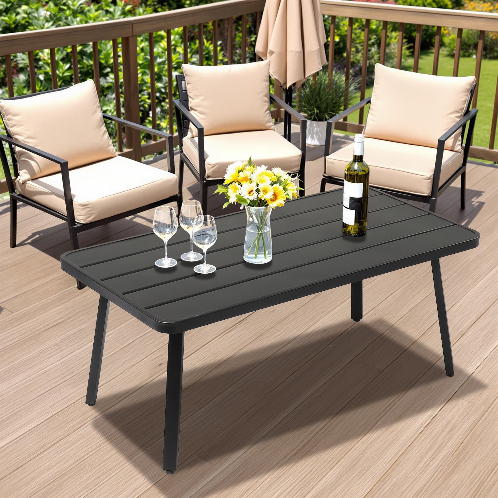 Ktaxon Outdoor Patio Coffee Table, Patio Steel Side Table Weather Resistant,  Rectangle Metal Table for Outdoor Patio Balcony Porch Living Room, Black
