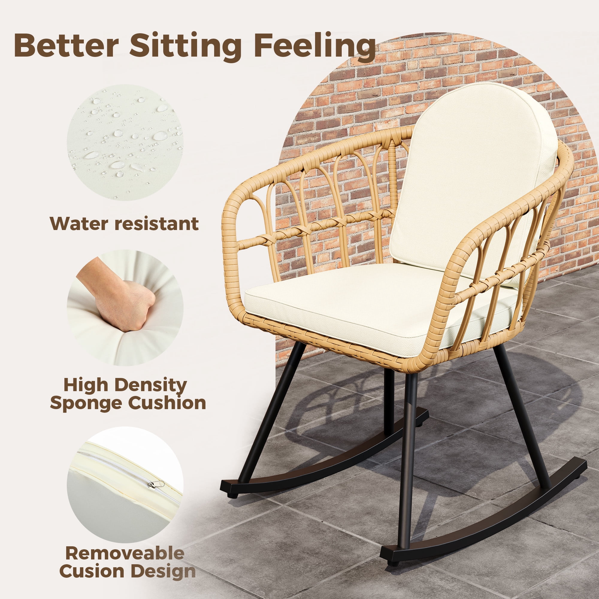 LAZZO 3-Piece Patio Conversation Set, Outdoor Wicker Rocking Chair Set with Cushions and Table, Beige