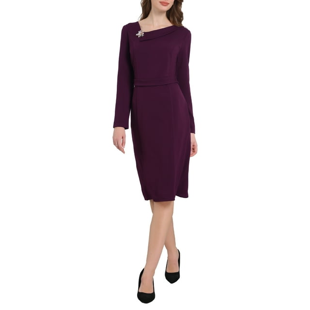 VESTIDO FORMAL DE MUJER INSPIRE CHIC CON CUELLO ASIMÉTRICO Y MANGA LARGA, VESTIDO ELÁSTICO MIDI TALLA M PÚRPURA OSCURO