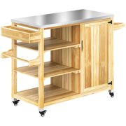 Dranite Outdoor Grill Cart with Stainless Steel Top, Solid Wood Outdoor Kitchen Island with Wheels, Natural Wood