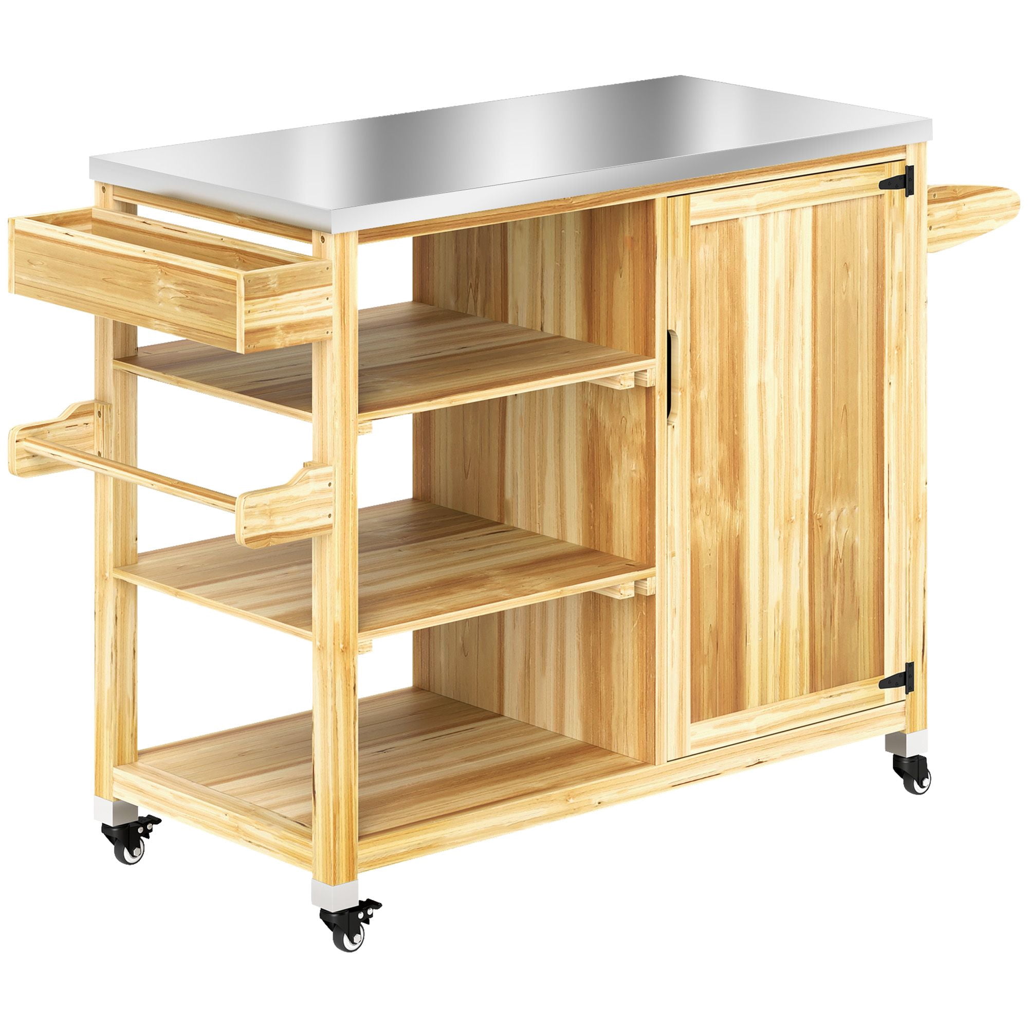 Dranite Outdoor Grill Cart with Stainless Steel Top, Solid Wood Outdoor Kitchen Island with Wheels, Natural Wood