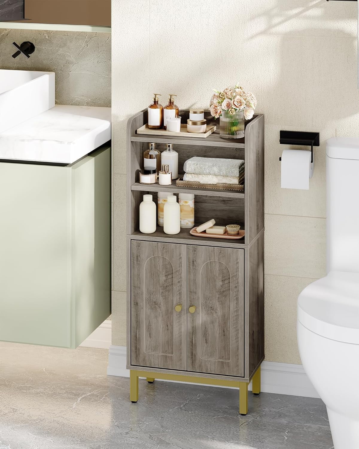 Bathroom Storage Cabinet, Small Floor Cabinet with 2 Door and Shelves, Toilet Paper Cabinets, Bathroom Organizer with Adjustable Shelf, for Small Spaces Greige 7.9" D x 14.6" W x 32.7" H