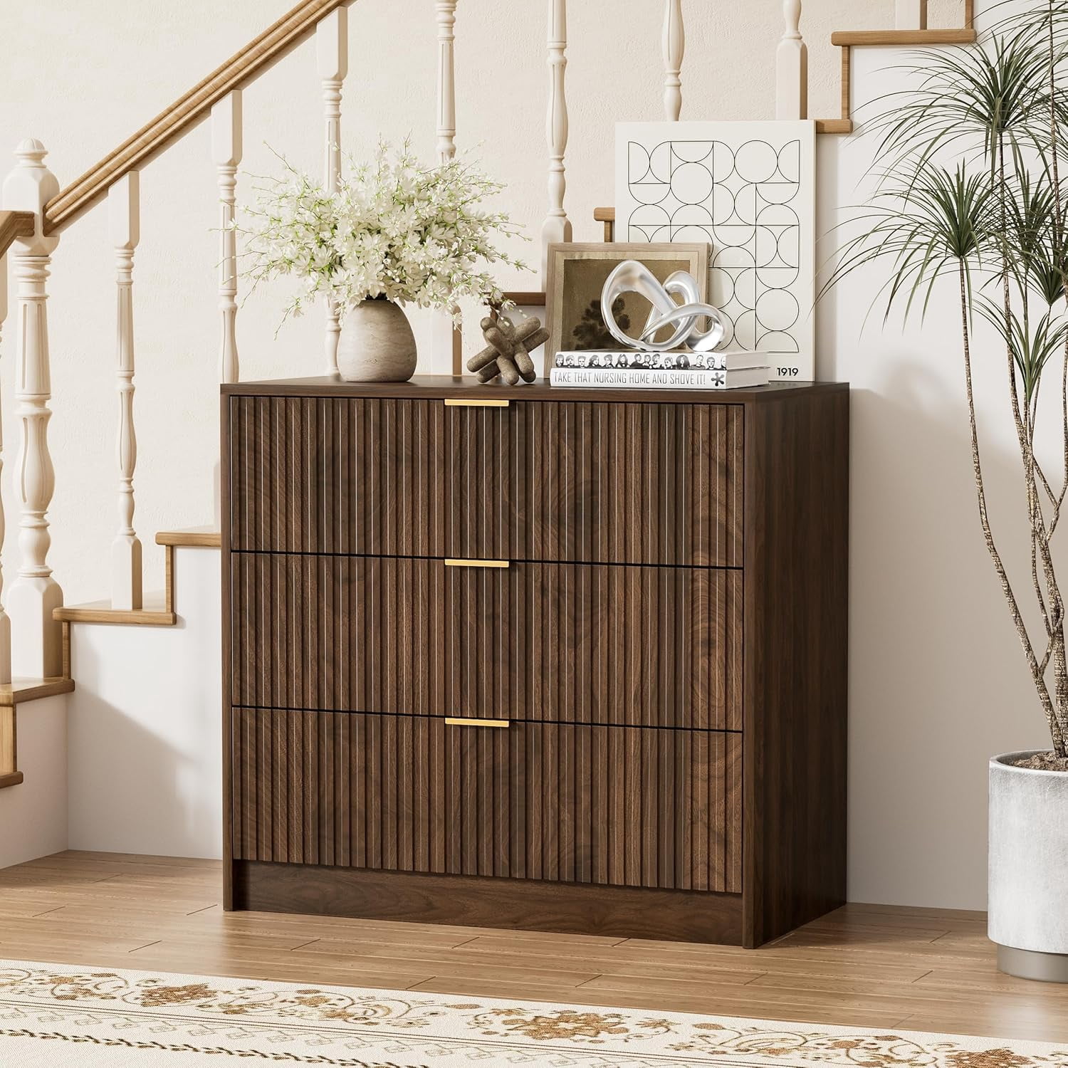 Walnut Dresser for Bedroom, Modern Dresser with 3 Drawers and Smooth Slides, Wide Chest of Drawers with Golden Handles for Bedroom, Living Room, Closet, 15.7" D x 31.5" W x 29.6" H