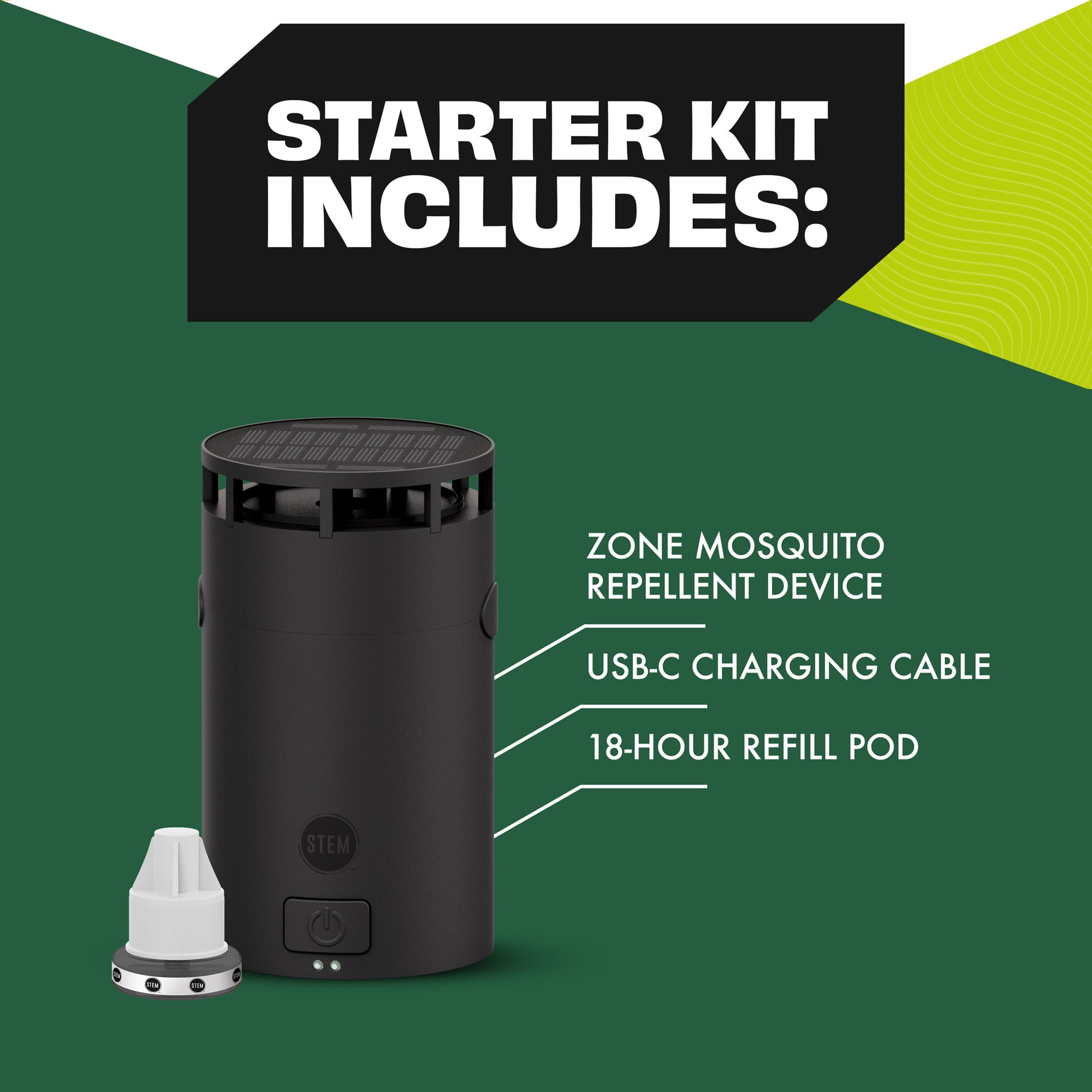 STEM Zone Mosquito Repellent Device Starter Kit with Refill Pod, Easy-to-Use Outdoor Insect Protection with Proven Essential Oils, People and Pet Safe, Solar and USB-C Charger, Waterproof (Pack of 1)