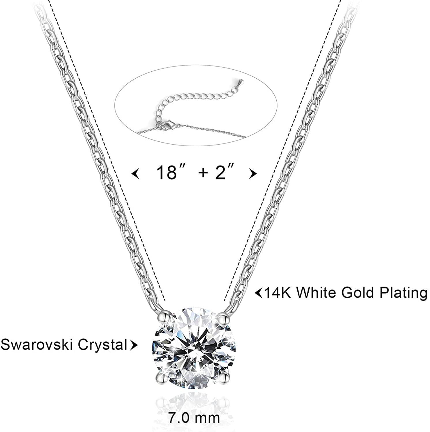 UMODE 18K White Gold Plated Cubic Zirconia Necklace for Women-2 Carat CZ Solitaire Pendant Necklace 