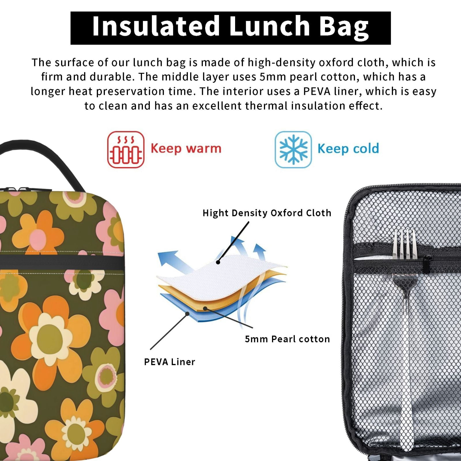 Lunch Bag For Women Men Insulated Portable Lunch Box Bento Box Office Picnic Travel Cooler Bag Retro Groovy Flowers Pattern (3)