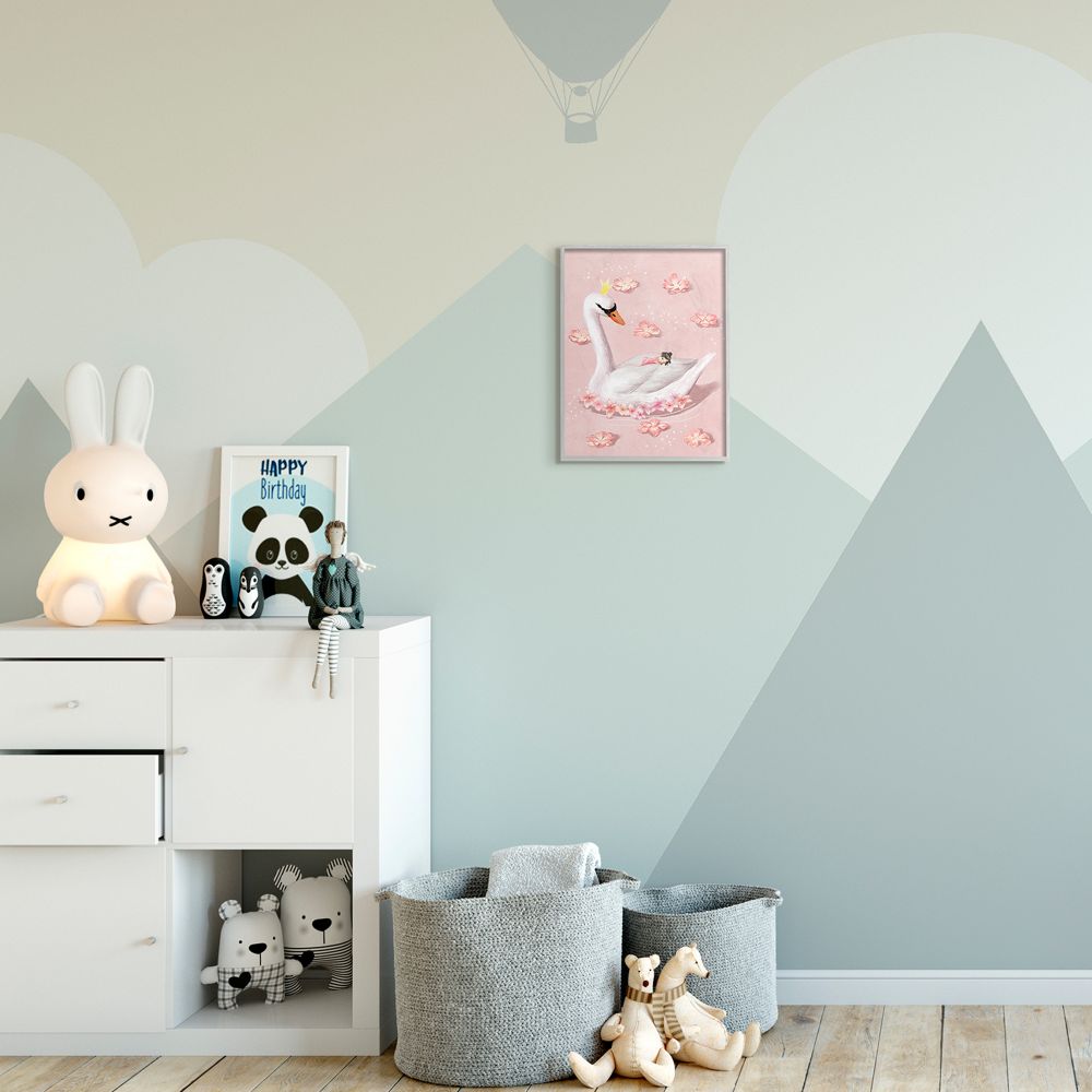 Stupell Industries Nursery Swan Baby Princess Pink Floral Lake Framed Wall Art Design by Ziwei Li, 11" x 14", Gray Framed