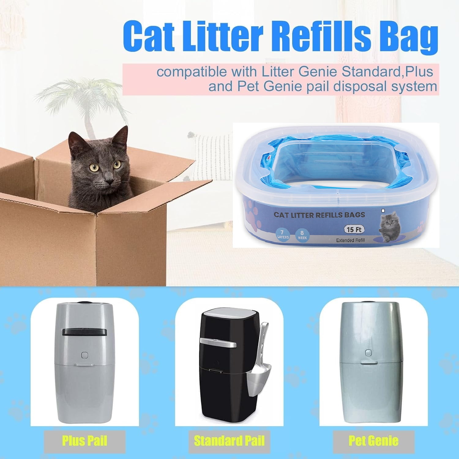 12 Pack Cat Litter Refills Bags,Litter Refills Compatible with genie bag refills Cartridge,Cat Litter Refills Scented Bag Compatible with Your Standard and Plus Genie Litter Refill Cartridge,Bule