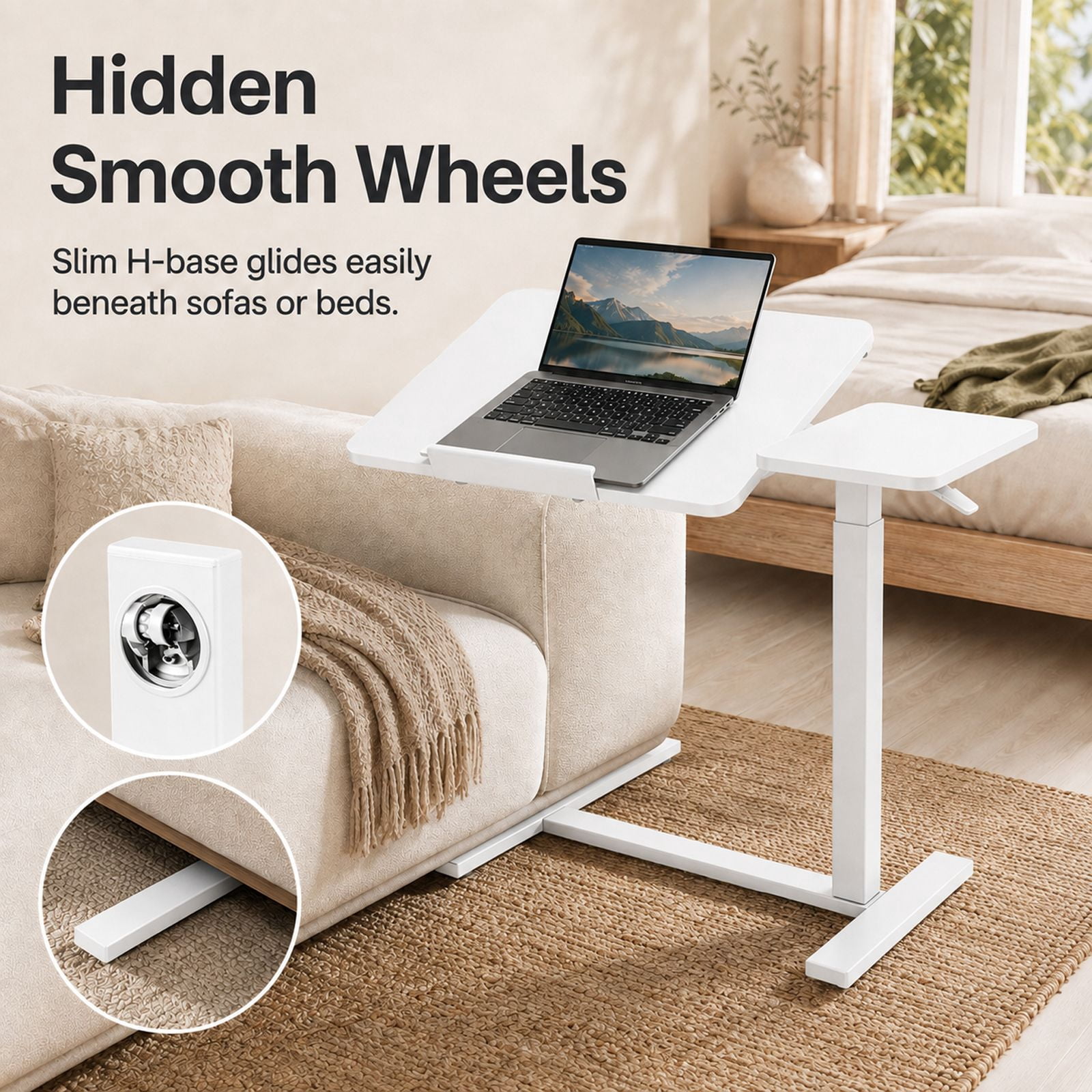 Alvantor Adjustable Bedside Table with Wheels, Rolling Desk, Laptop Table, Portable Design, Adjustable Height, Computer Workstation, Home Office Classroom