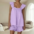 thumbnail image 2 of VNKIDY Women's Pajama Sets 2 Piece Outfits Sleeveless Sleepwear Ruffle Crop Tops Casual Shorts Loungewear Homewear Solid Color Birthday Nightwear, 2 of 6