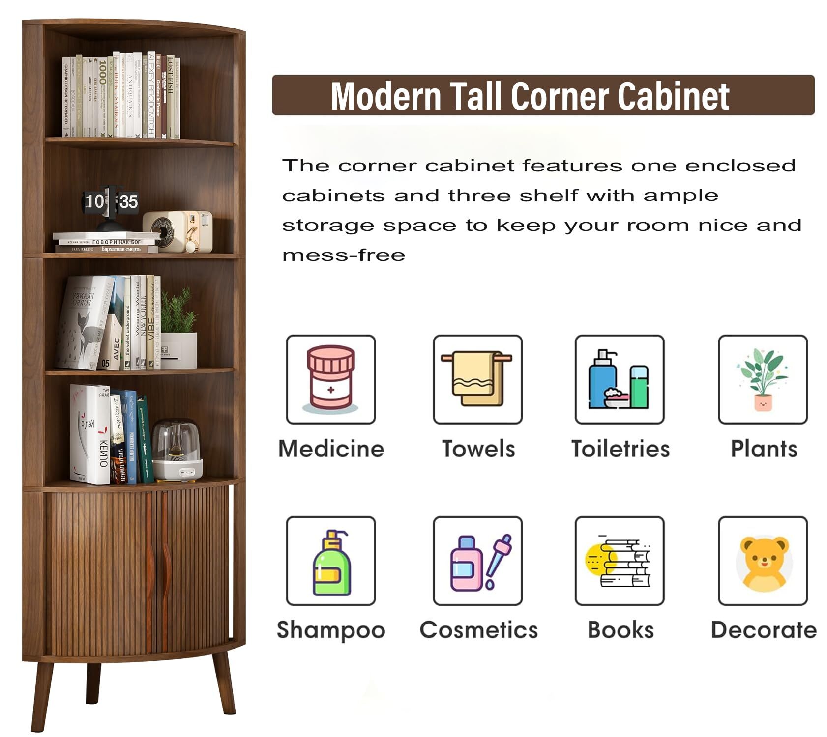 Modern Corner Cabinet, 66.7" Tall Bathroom Storage Cabinet with 2 Fluted Doors & Shelves for Kitchen, Living Room, Walnut