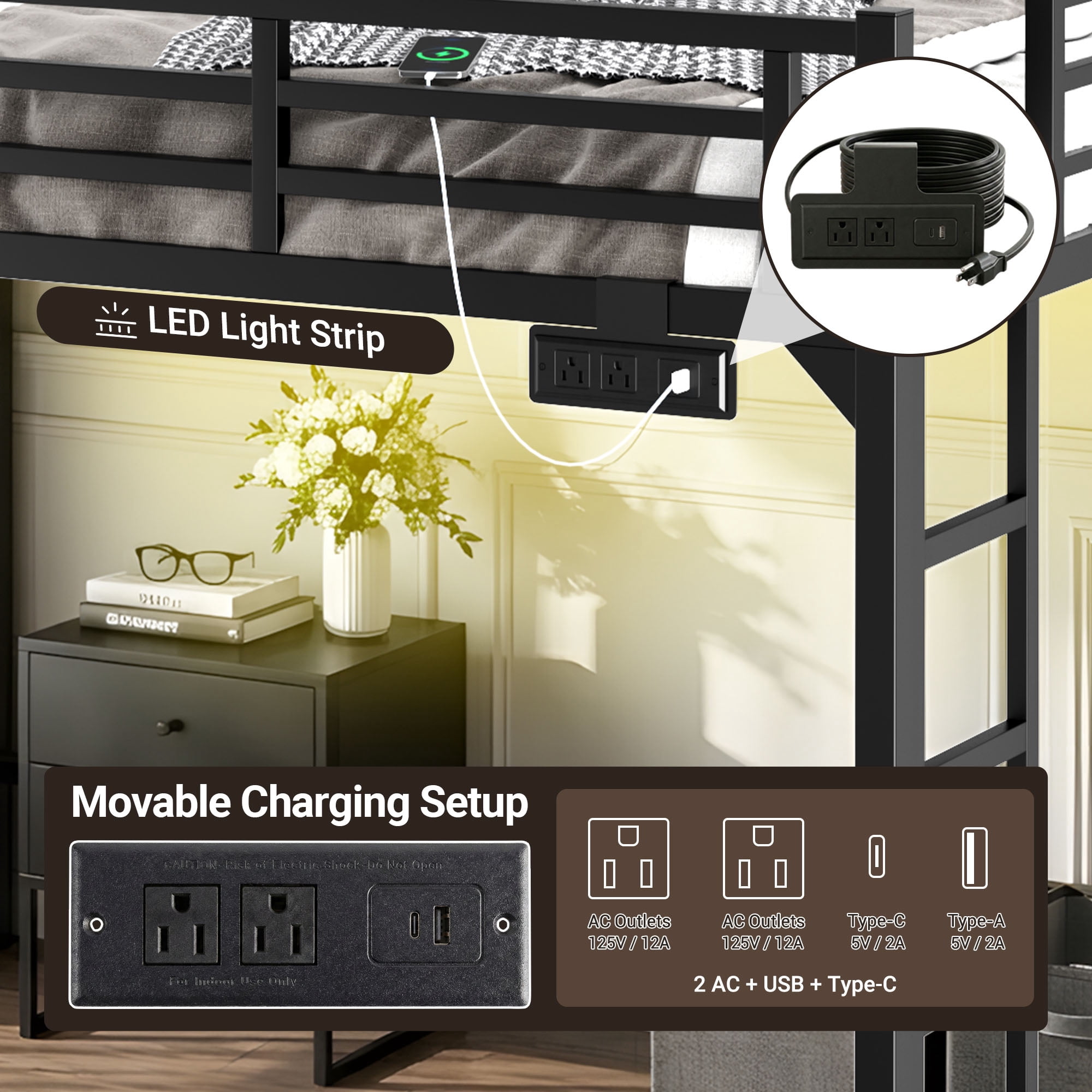 Miniyam Twin Metal Loft Bed with LED and Charging Station for Dorms and Apartments, Black