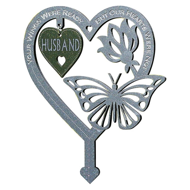 White 2 Placa conmemorativa con forma de corazón de mariposas, adorno para jardín, patio, letreros para el hogar al aire libre, estacas, decoración, manualidades conmemorativas