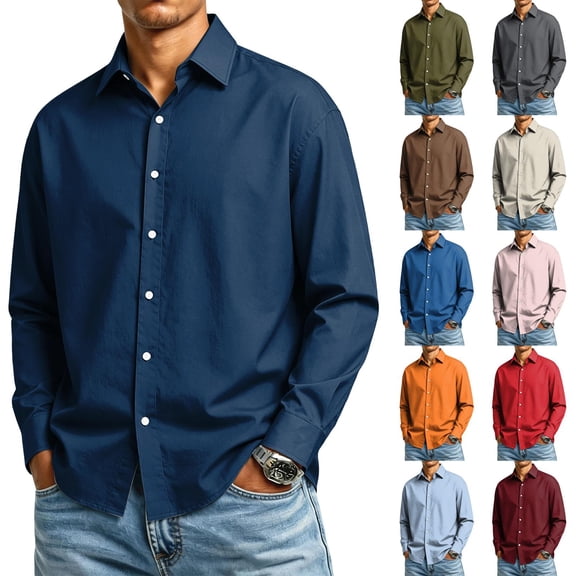Trgacdwlo Button Up Shirt Men Collared Mens Long Sleeve Dress Shirts Solid Color Summer Fall Dressy Casual Work Shirts for Men Dark Gray L