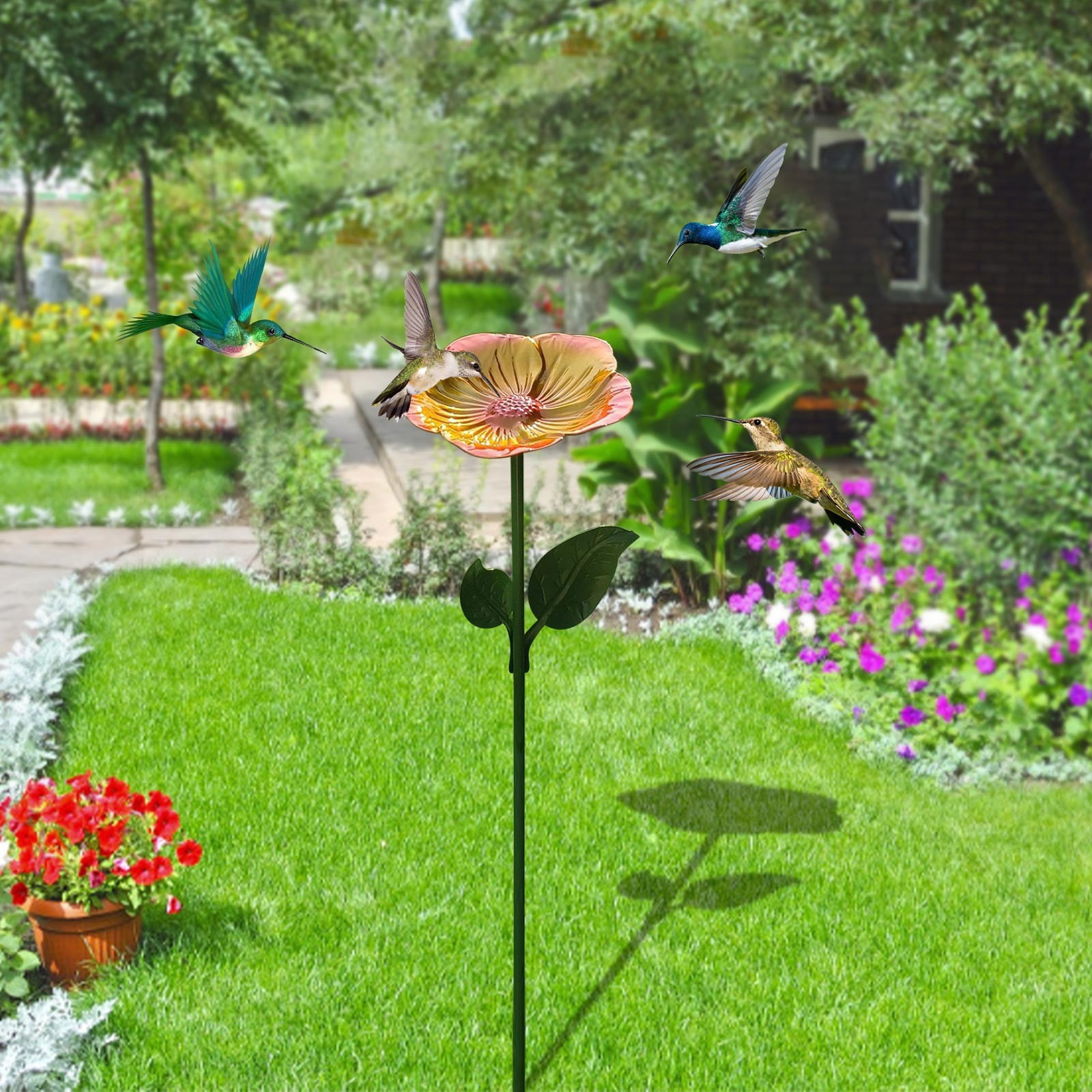 RRJ Bee Butterfly Hummingbird Water Feeder, Outdoor Metal Bird Bath Garden Decoration, Rust-Resistant Courtyard Patio Hanging Feeder for Attracting Pollinators and Wildlife